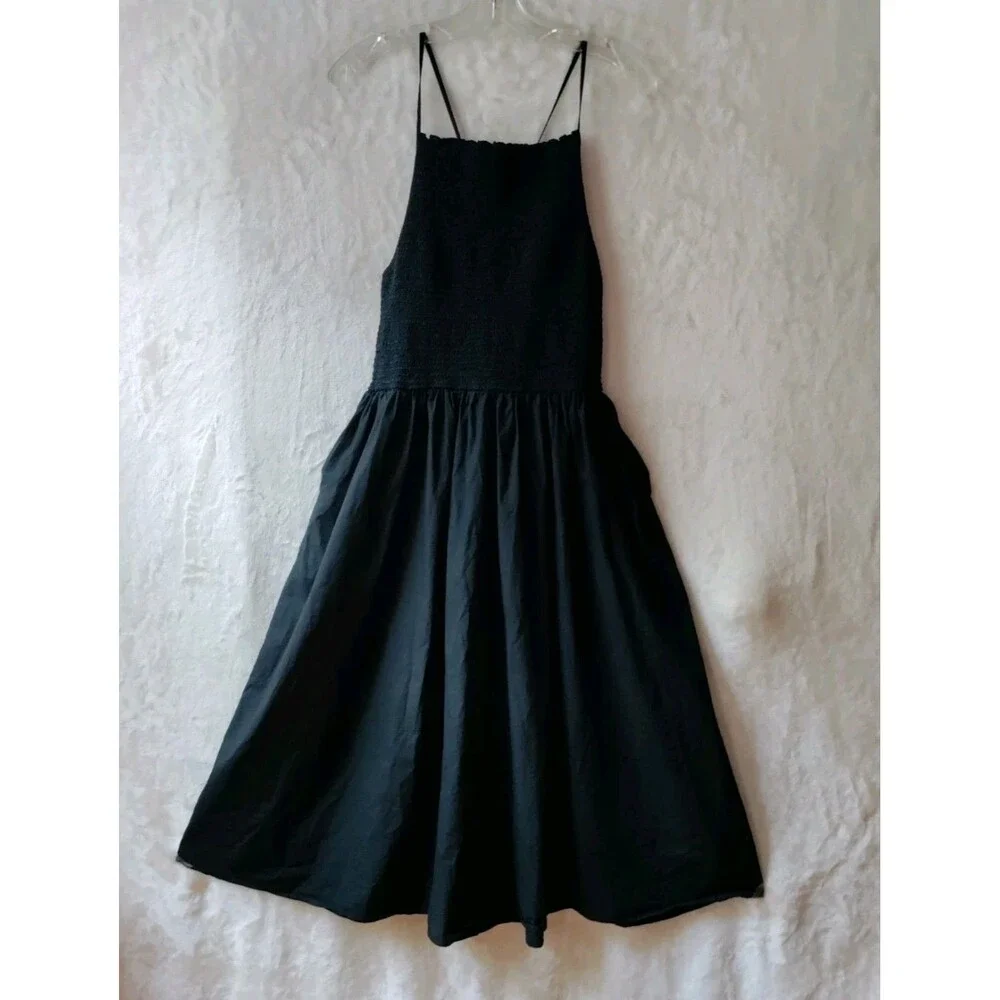 J. Crew Friday dress In Cotton Poplin Smocked Black Open Back Pockets Sz L